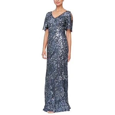 Alex Damen Long Mother of The Bride Sequin Dress with Cold Shoulder Flutter Sleeves (Petite and Regular Sizes) Formales Abendkleid, Dunkelgrau, 48 Alex Damen Long Mother of The Bride Sequin Dress with Cold Shoulder Flutter Sleeves (Petite and Regular Sizes) Formales Abendkleid, Dunkelgrau, 48