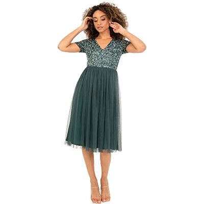Maya Deluxe Damen Embellished Midi Evening Dress For Women Ladies V Neckline With Short Sleeve Prom Wedding Brautjungfernkleid, Emerald Green, 46 EU Maya Deluxe Damen Embellished Midi Evening Dress For Women Ladies V Neckline With Short Sleeve Prom Wedding Brautjungfernkleid, Emerald Green, 46 EU