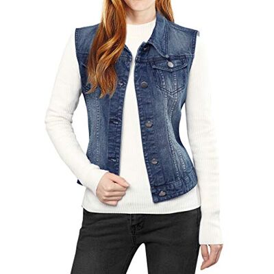 Allegra K Damen Jeansweste Ärmellos Knopfleiste Denim Rever Jacke Westen mit Taschen Dunkelblau XL Allegra K Damen Jeansweste Ärmellos Knopfleiste Denim Rever Jacke Westen mit Taschen Dunkelblau XL