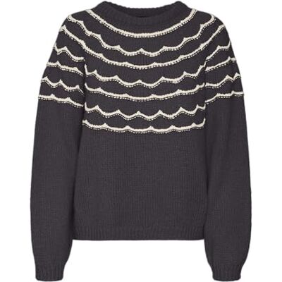 VERO MODA Damen Vmcharmaine Ls O-Neck Pullover Ga Boo Strickpullover, Obsidian/Detail:W. Birch, M VERO MODA Damen Vmcharmaine Ls O-Neck Pullover Ga Boo Strickpullover, Obsidian/Detail:W. Birch, M