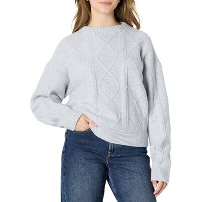 Amazon Damen Relaxed-Fit, Rundhalsausschnitt und Zopfmuster, Hellgrau Meliert, S Amazon Damen Relaxed-Fit, Rundhalsausschnitt und Zopfmuster, Hellgrau Meliert, S