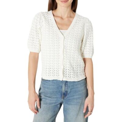 Amazon Damen Kurzärmeliger Häkel-Cardigan aus Baumwolle, Creme, S Amazon Damen Kurzärmeliger Häkel-Cardigan aus Baumwolle, Creme, S