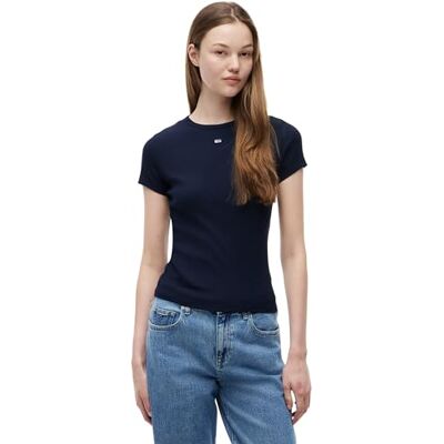 Tommy Jeans Damen T-Shirt Kurzarm Slim Essential Rib Rundhalsausschnitt, Blau (Dark Night Navy), XXS Tommy Jeans Damen T-Shirt Kurzarm Slim Essential Rib Rundhalsausschnitt, Blau (Dark Night Navy), XXS