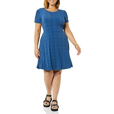 Amazon Damen Gerafftes A-Linien-Kleid mit kurzen Ärmeln und Rundhalsausschnitt (in Übergröße erhältlich), Kräftiges Blau Floral, S Amazon Damen Gerafftes A-Linien-Kleid mit kurzen Ärmeln und Rundhalsausschnitt (in Übergröße erhältlich), Kräftiges Blau Floral, S