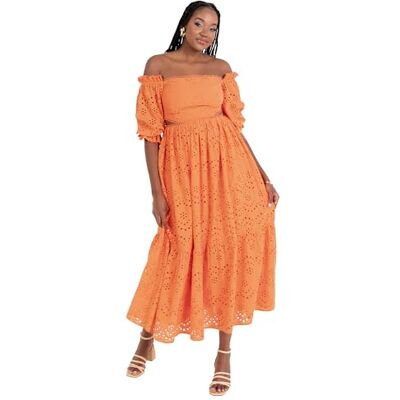 Maya Deluxe Women's Midaxi Dress Ladies Off Shoulder Bardot Broderie Anglaise Cutout Short Puff Sleeve A-line Boho Wedding Guest, Orange 42 Maya Deluxe Women's Midaxi Dress Ladies Off Shoulder Bardot Broderie Anglaise Cutout Short Puff Sleeve A-line Boho Wedding Guest, Orange 42