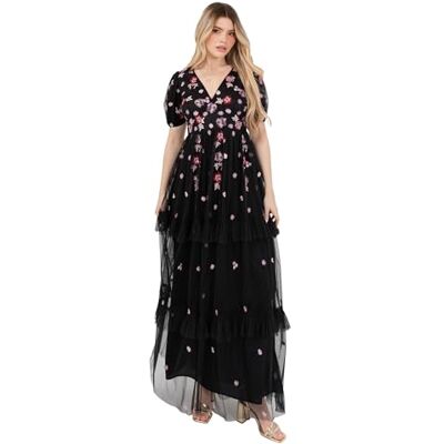 Maya Deluxe Women's Maxi Dress Ladies V-Neck Short Puff Sleeve Floral Embroidered Tiered Ruffle Tulle A-line Keyhole Back Evening, Schwarz 56 Maya Deluxe Women's Maxi Dress Ladies V-Neck Short Puff Sleeve Floral Embroidered Tiered Ruffle Tulle A-line Keyhole Back Evening, Schwarz 56