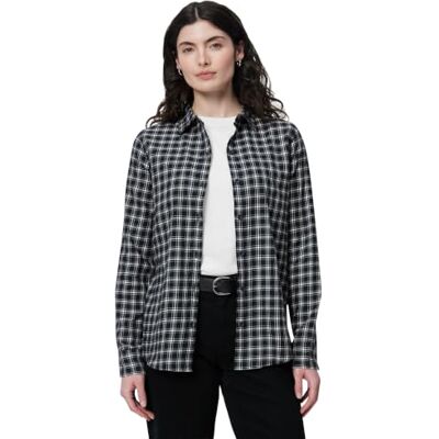 Amazon Damen-Flanellhemd, Normale Passform, langärmelig, leicht, kariert, Schwarz/Elfenbein, Größe S Amazon Damen-Flanellhemd, Normale Passform, langärmelig, leicht, kariert, Schwarz/Elfenbein, Größe S