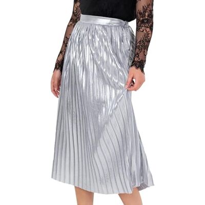 Lovedrobe Women's Midi Skirt Ladies Pleated A-line Elasticated Waist Metallic Shiny Lined Smart-Casual Office Wear Party, Silber 40 Lovedrobe Women's Midi Skirt Ladies Pleated A-line Elasticated Waist Metallic Shiny Lined Smart-Casual Office Wear Party, Silber 40