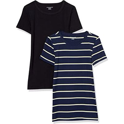 Amazon Damen Kurzärmeliges T-Shirt mit Rundhalsausschnitt, Schmale Passform, 2er-Pack, Marineblau Querstreifen/Schwarz, M Amazon Damen Kurzärmeliges T-Shirt mit Rundhalsausschnitt, Schmale Passform, 2er-Pack, Marineblau Querstreifen/Schwarz, M
