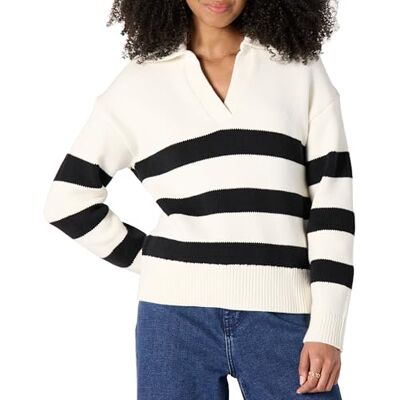 Amazon Damen-Polopullover mit lockerer Passform, schwere Baumwolle, Eierschalenweiß/Schwarz, Big Stripe, XXS Amazon Damen-Polopullover mit lockerer Passform, schwere Baumwolle, Eierschalenweiß/Schwarz, Big Stripe, XXS