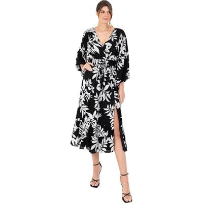 Lovedrobe Women's Midi Dress Ladies V-Neck Long Balloon Sleeve Faux-Wrap Thigh Split Shirred Waist Tassel Belt A-line Smart Casual Monochrome 40 Lovedrobe Women's Midi Dress Ladies V-Neck Long Balloon Sleeve Faux-Wrap Thigh Split Shirred Waist Tassel Belt A-line Smart Casual Monochrome 40