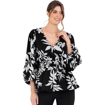 Lovedrobe Women's Ladies Wrap Top Peplum Blouse V-Neck Long Balloon Sleeve Leaf Print Fit and Flare A-line Smart Casual Monochrome 44 Lovedrobe Women's Ladies Wrap Top Peplum Blouse V-Neck Long Balloon Sleeve Leaf Print Fit and Flare A-line Smart Casual Monochrome 44