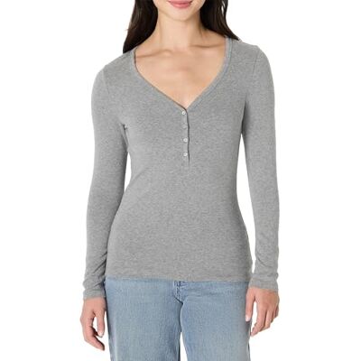 Amazon Damen Langärmeliges Henley-Shirt aus Rippstrick schlanke Passform, Grau Meliert, XXL Amazon Damen Langärmeliges Henley-Shirt aus Rippstrick schlanke Passform, Grau Meliert, XXL