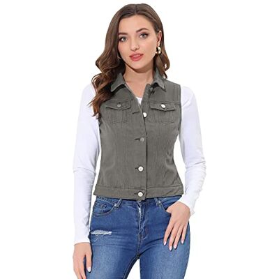 Allegra K Damen Jeansweste Ärmellos Knopfleiste Denim Rever Jacke Westen mit Taschen Grau L Allegra K Damen Jeansweste Ärmellos Knopfleiste Denim Rever Jacke Westen mit Taschen Grau L