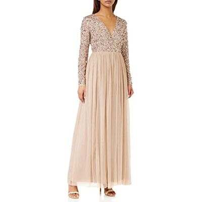 Maya Deluxe Damen Ladies Maxi Dress for Women with Long Sleeves V Neckline Plunging Sequin Embellished for Wedding Guest Bridesmaid Prom Kleid, Taupe Blush, 40 DE (12 UK) Maya Deluxe Damen Ladies Maxi Dress for Women with Long Sleeves V Neckline Plunging Sequin Embellished for Wedding Guest Bridesmaid Prom Kleid, Taupe Blush, 40 DE (12 UK)