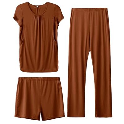 SUNNYBUY Still-Pyjama-Set Für Damen, Kurzärmeliges Still-Shirt Mit Shorts Und Hose, 3-Teilig, Braun, Größengröße XL SUNNYBUY Still-Pyjama-Set Für Damen, Kurzärmeliges Still-Shirt Mit Shorts Und Hose, 3-Teilig, Braun, Größengröße XL