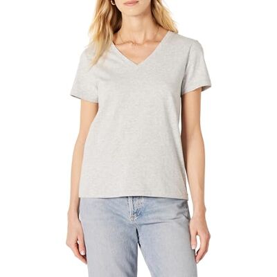 Amazon Damen Kurzarm-T-Shirt mit V-Ausschnitt, Regular Fit aus 100 % Baumwolle, Hellgrau Meliert, XL Amazon Damen Kurzarm-T-Shirt mit V-Ausschnitt, Regular Fit aus 100 % Baumwolle, Hellgrau Meliert, XL