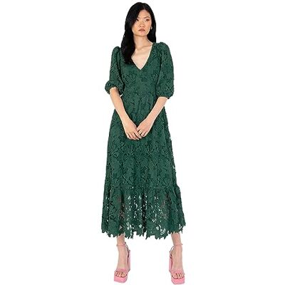 Maya Deluxe Damen Women's Midaxi Dress V Neckline Puff Sleeve Lace A-line for Wedding Guest Bridesmaid Cocktail Prom Evening Occasion Kleid, Emerald Green, Maya Deluxe Damen Women's Midaxi Dress V Neckline Puff Sleeve Lace A-line for Wedding Guest Bridesmaid Cocktail Prom Evening Occasion Kleid, Emerald Green,