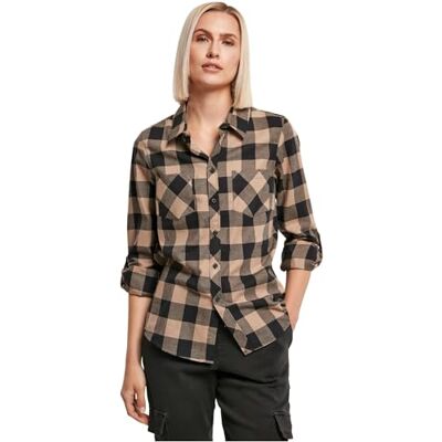 Urban Classics Damen Ladies Turnup Checked Flanell Shirt Hemd, Black/softtaupe, S Urban Classics Damen Ladies Turnup Checked Flanell Shirt Hemd, Black/softtaupe, S