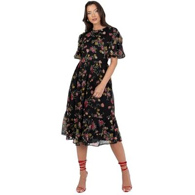Lovedrobe Women's Midi Dress Ladies Round Neck Short Puff Sleeve Frilly Ruffle Detail Tie Back Printed A-line Smart Casual, Floral Print, 46 Lovedrobe Women's Midi Dress Ladies Round Neck Short Puff Sleeve Frilly Ruffle Detail Tie Back Printed A-line Smart Casual, Floral Print, 46