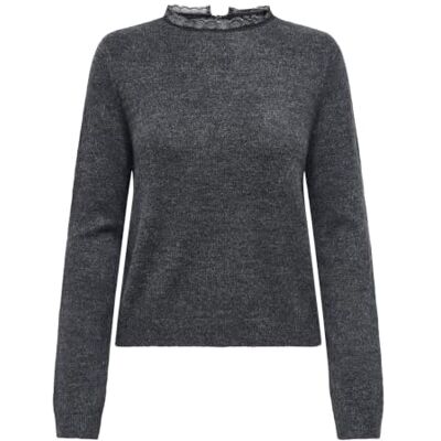 ONLY Damen Onltammy Ls Lace Mix O-Neck Bf KNT, Dark Grey Melange, Small ONLY Damen Onltammy Ls Lace Mix O-Neck Bf KNT, Dark Grey Melange, Small