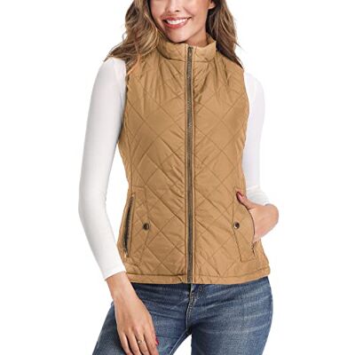LONGKING Outwear-Weste für Damen, Stehkragen, leicht, Reißverschluss, Steppweste, CAMEL, L LONGKING Outwear-Weste für Damen, Stehkragen, leicht, Reißverschluss, Steppweste, CAMEL, L