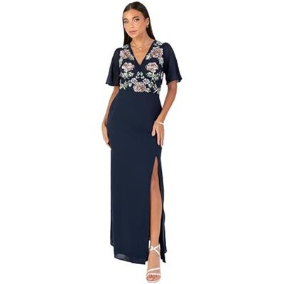 Maya Deluxe Women's Maxi Dress Ladies V-Neck Angel Sleeve Floral Embellished Side Split A-line Bridesmaid Wedding Guest Ball Gown, Marineblau 36 Maya Deluxe Women's Maxi Dress Ladies V-Neck Angel Sleeve Floral Embellished Side Split A-line Bridesmaid Wedding Guest Ball Gown, Marineblau 36