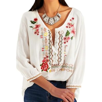 Higustar Damen Stickerei Boho Shirt 3/4 Ärmel meln mexikanische Bohemian Tops Tunika Bluse Weiß Large Higustar Damen Stickerei Boho Shirt 3/4 Ärmel meln mexikanische Bohemian Tops Tunika Bluse Weiß Large