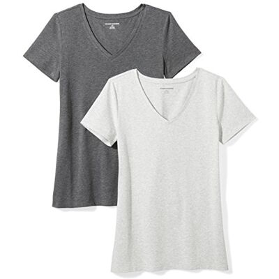 Amazon Damen T-Shirt Regular Fit mit kurzen Ärmeln und V-Ausschnitt, 2er-Pack, Dunkelgrau Meliert/Hellgrau Meliert, S-M Amazon Damen T-Shirt Regular Fit mit kurzen Ärmeln und V-Ausschnitt, 2er-Pack, Dunkelgrau Meliert/Hellgrau Meliert, S-M