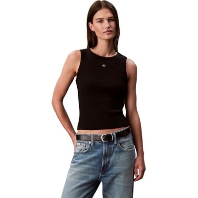 Calvin Damen Tank Top Woven Label Cotton Rib mit Logo, Schwarz (Black), S Calvin Damen Tank Top Woven Label Cotton Rib mit Logo, Schwarz (Black), S