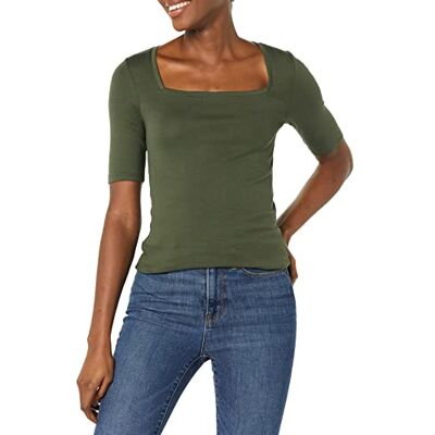 Amazon Damen Halbarm-T-Shirt mit eckigem Ausschnitt in schmaler Passform, Olivgrün, XS Amazon Damen Halbarm-T-Shirt mit eckigem Ausschnitt in schmaler Passform, Olivgrün, XS