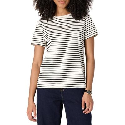 Amazon Damen Kurzarm-T-Shirt mit Rundhalsausschnitt, Regular Fit aus 100 % Baumwolle, Eierschalenweiß Schwarz Bretonstreifen, L Amazon Damen Kurzarm-T-Shirt mit Rundhalsausschnitt, Regular Fit aus 100 % Baumwolle, Eierschalenweiß Schwarz Bretonstreifen, L
