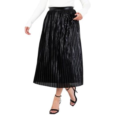 Lovedrobe Women's Midi Skirt Ladies Pleated A-line Elasticated Waist Metallic Shiny Lined Smart-Casual Office Wear Party, Schwarz 46 Lovedrobe Women's Midi Skirt Ladies Pleated A-line Elasticated Waist Metallic Shiny Lined Smart-Casual Office Wear Party, Schwarz 46