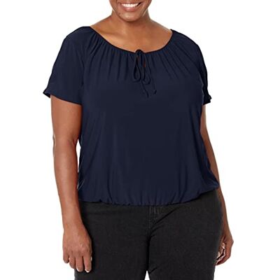 Star Vixen Damen Kurzen Ärmeln und Schlüssellochbindung, Bauer-top, Blasensaum Hemd, Marineblau, Groß Star Vixen Damen Kurzen Ärmeln und Schlüssellochbindung, Bauer-top, Blasensaum Hemd, Marineblau, Groß