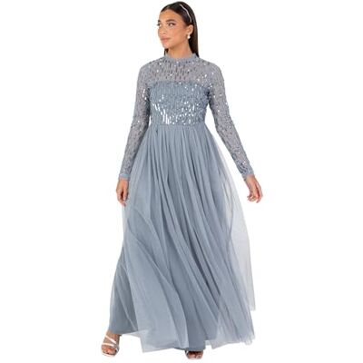 Maya Deluxe Damen Women's Maxi Ladies Modest High Neck Long Sleeve Tulle Sequin Embellished A-line Wedding Guest Bridesmaid Prom Dress, Dusty Blue, 48 EU Maya Deluxe Damen Women's Maxi Ladies Modest High Neck Long Sleeve Tulle Sequin Embellished A-line Wedding Guest Bridesmaid Prom Dress, Dusty Blue, 48 EU