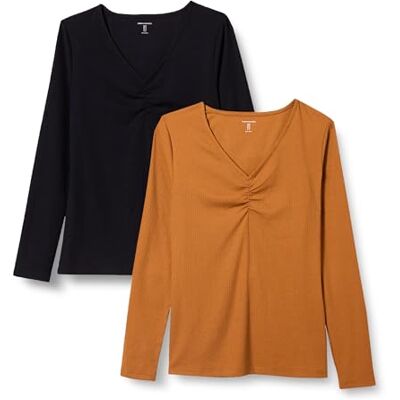 Amazon Damen Langärmliges Gerafftes Rippstrick-T-Shirt mit V-Ausschnitt, Schmale Passform, 2er-Pack, Schwarz/Karamell, XXL Amazon Damen Langärmliges Gerafftes Rippstrick-T-Shirt mit V-Ausschnitt, Schmale Passform, 2er-Pack, Schwarz/Karamell, XXL