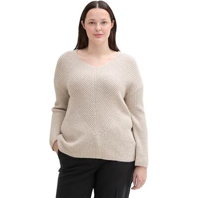 TOM TAILOR Damen Plussize RIPP Strickpullover mit V-Ausschnitt, 25955 Dusty Beige Melange, 44 TOM TAILOR Damen Plussize RIPP Strickpullover mit V-Ausschnitt, 25955 Dusty Beige Melange, 44