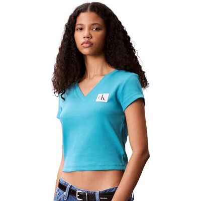 Calvin Damen T-Shirt Kurzarm Woven Label Rib Tee mit V-Ausschnitt, Türkis (Tuscan Teal), 2XS Calvin Damen T-Shirt Kurzarm Woven Label Rib Tee mit V-Ausschnitt, Türkis (Tuscan Teal), 2XS
