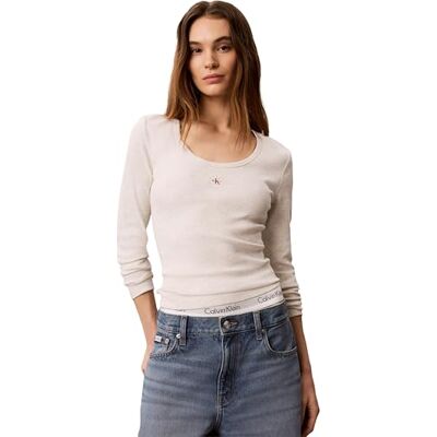 Calvin Damen Langarmshirt Woven Label 2X2 Baby Gerippt, Grau (Snow Heather), XL Calvin Damen Langarmshirt Woven Label 2X2 Baby Gerippt, Grau (Snow Heather), XL