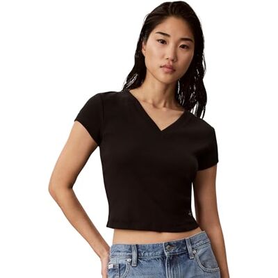Calvin Damen T-Shirt Kurzarm Woven Label Rib Tee mit V-Ausschnitt, Schwarz (Black), 2XL Calvin Damen T-Shirt Kurzarm Woven Label Rib Tee mit V-Ausschnitt, Schwarz (Black), 2XL