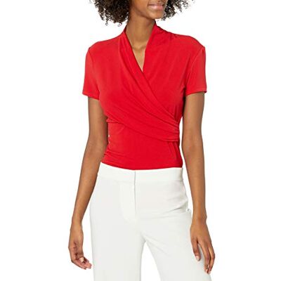 DKNY Damen Kurzärmelige Anzugbluse mit Gekreuzter Vorderseite Hemd, Mohnblume/Ausflug, einfarbig (Poppy/Getaway Solids), Mittel DKNY Damen Kurzärmelige Anzugbluse mit Gekreuzter Vorderseite Hemd, Mohnblume/Ausflug, einfarbig (Poppy/Getaway Solids), Mittel