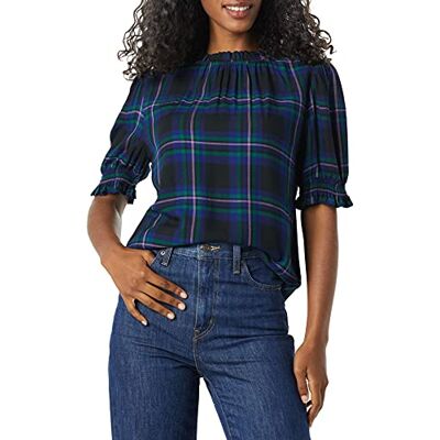 Amazon Damen Hemd Aus Fluid Twill Mit Kurzen Puffärmeln Und Smockdetails, Schwarz Multi Schottenkaros Chelsea, M Amazon Damen Hemd Aus Fluid Twill Mit Kurzen Puffärmeln Und Smockdetails, Schwarz Multi Schottenkaros Chelsea, M