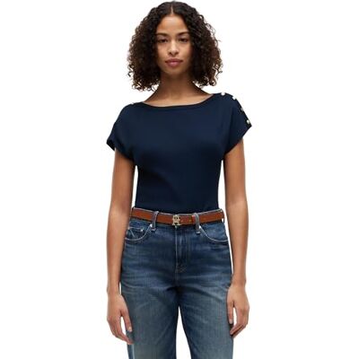 Tommy Hilfiger Damen T-Shirt Kurzarm Gold mit U-Boot-Ausschnitt, Blau (Dark Night Navy), XS Tommy Hilfiger Damen T-Shirt Kurzarm Gold mit U-Boot-Ausschnitt, Blau (Dark Night Navy), XS