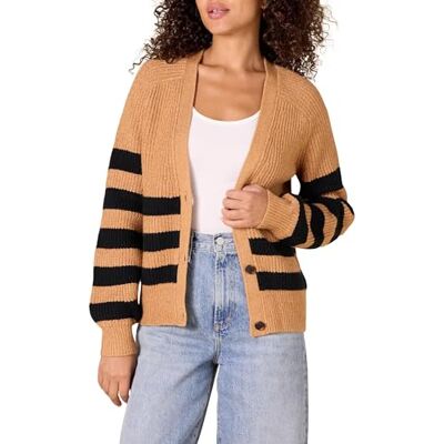 Amazon Damen Gerippte Soft-Touch-Blouson-Strickjacke, Kamelbraun Meliert Schwarz Streifen, XXL Amazon Damen Gerippte Soft-Touch-Blouson-Strickjacke, Kamelbraun Meliert Schwarz Streifen, XXL
