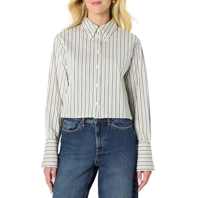 Amazon Damen Oversize-Bluse aus Baumwoll-Stretch-Popeline mit Knopfleiste, Elfenbein Schwarz Streifen, M Amazon Damen Oversize-Bluse aus Baumwoll-Stretch-Popeline mit Knopfleiste, Elfenbein Schwarz Streifen, M