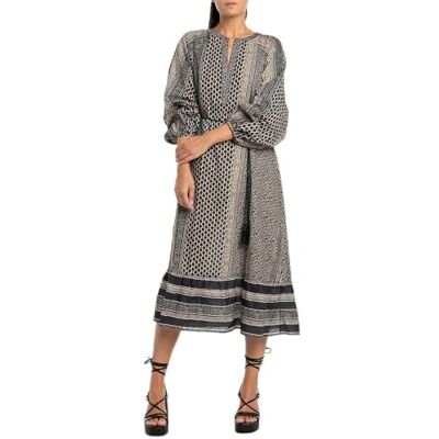 Replay Damen Kleid Langarm aus Baumwolle, Black/Sand 010 (Mehrfarbig), L Replay Damen Kleid Langarm aus Baumwolle, Black/Sand 010 (Mehrfarbig), L