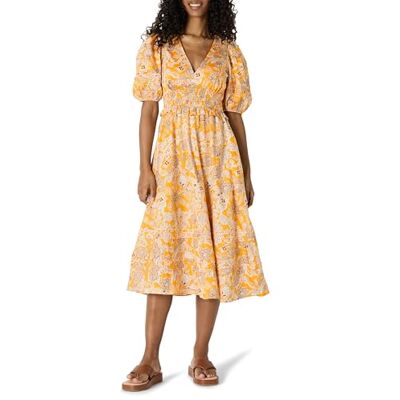 Amazon Damen Fit-and-Flare-Midikleid aus Baumwollsatin mit Puffärmeln, V-Ausschnitt, Goldgelb Beige Mehrfarbig Folk-Blumenmuster, M Amazon Damen Fit-and-Flare-Midikleid aus Baumwollsatin mit Puffärmeln, V-Ausschnitt, Goldgelb Beige Mehrfarbig Folk-Blumenmuster, M