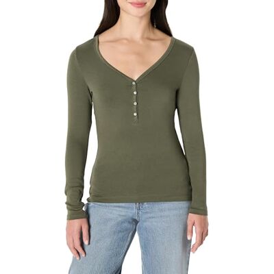 Amazon Damen Langärmeliges Henley-Shirt aus Rippstrick schlanke Passform, Olivgrün, S Amazon Damen Langärmeliges Henley-Shirt aus Rippstrick schlanke Passform, Olivgrün, S