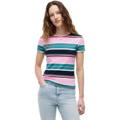 Tommy Jeans Damen T-Shirt Kurzarm Essential Rib Slim Fit, Mehrfarbig (Pink Daisy/Multi Stripe), 2XL Tommy Jeans Damen T-Shirt Kurzarm Essential Rib Slim Fit, Mehrfarbig (Pink Daisy/Multi Stripe), 2XL