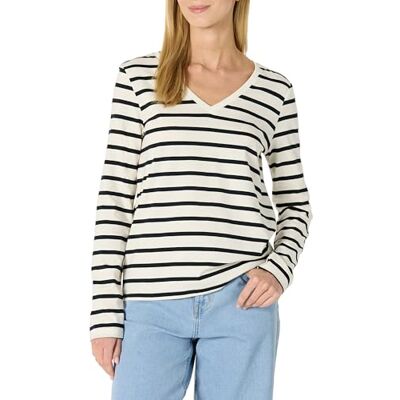 Amazon Damen Langärmliges Regular-Fit-T-Shirt Aus 100% Baumwolle, Eierschalenweiß Schwarz Seefahrer Streifen, XXL Amazon Damen Langärmliges Regular-Fit-T-Shirt Aus 100% Baumwolle, Eierschalenweiß Schwarz Seefahrer Streifen, XXL